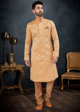 Golden Readymade Jacquard Mens Sherwani Set