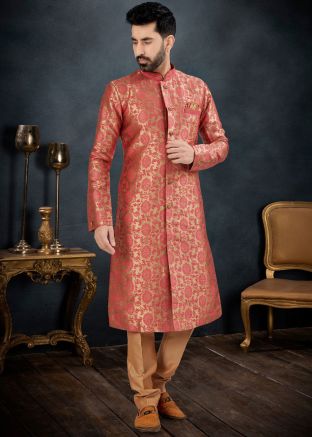 Dark Peach Readymade Mens Woven Sherwani In Jacquard