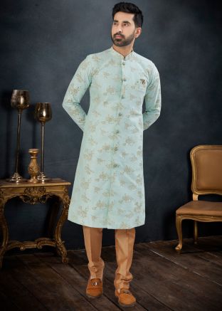 Ice Blue Woven Readymade Jacquard Mens Sherwani Set