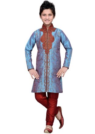 Readymade Blue Art Silk Kids Kurta Pajama