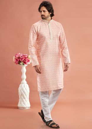 Peach Digital printed Mens Kurta Pajama