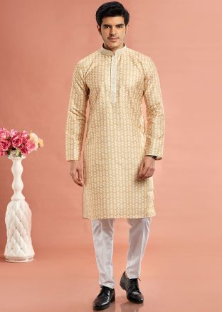 Yellow Digital printed Mens Kurta Pajama