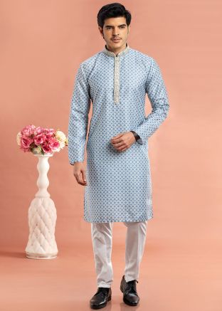 Blue Digital printed Mens Kurta Pajama