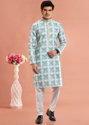 Blue Digital printed Mens Kurta Pajama