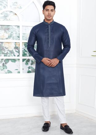 Navy Blue Embroidered Kurta Pajama For Men