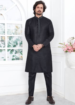 Mens Black Embroidered Kurta Pajama Set