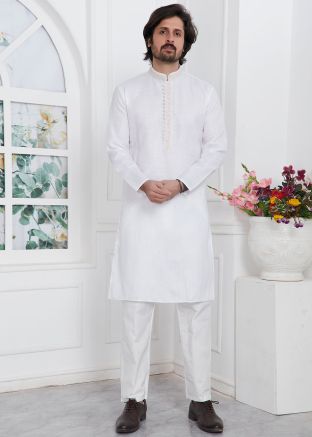 Off White Embroidered Mens Kurta Pajama