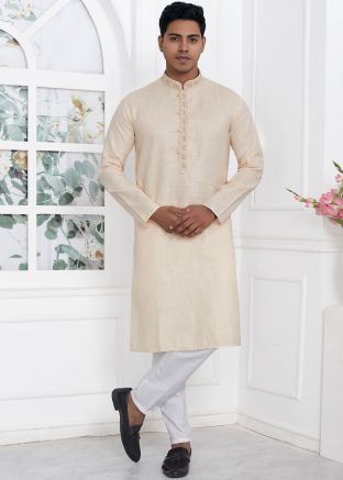 Beige Embroidered Mens Kurta Pajama
