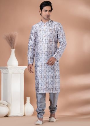 Grey Readymade Cotton Mens Kurta Pajama In Digital Print
