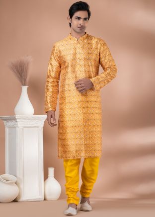 Yellow Readymade Digital Printed Cotton Mens Kurta Pajama