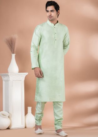 Pastel Green Readymade Plain Dupion Silk Mens Kurta Pajama