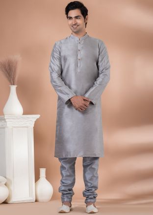Grey Readymade Plain Mens Kurta Pajama In Dupion Silk