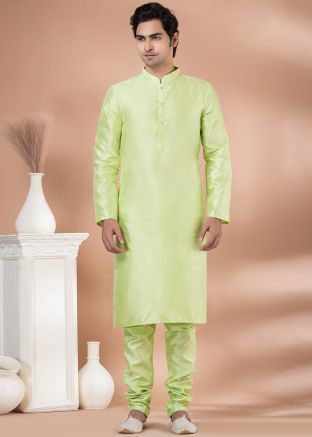 Readymade Plain Dupion Silk Mens Kurta Pajama In Mint Green 