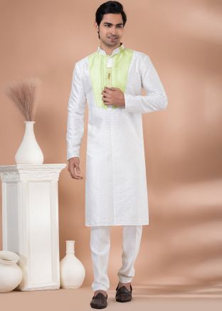 White Readymade Jacquard Mens Kurta Pajama In Plain