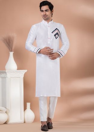 White Readymade Mens Kurta Pajama In Dupion Silk