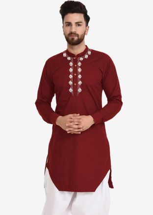 Maroon Embroidered Mens Kurta