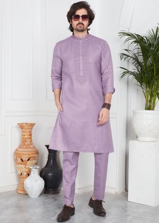 Purple Plain Readymade Cotton Mens Kurta Pajama