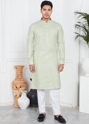 Readymade Plain Art Silk Mens Kurta Pajama In Pastel Green