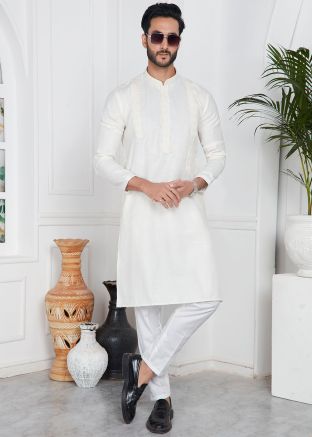 Off white Readymade Plain Mens Kurta Pajama In Art Silk