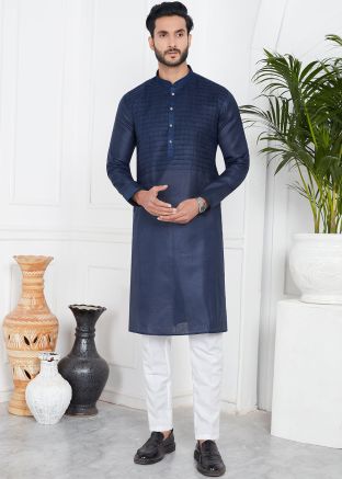 Blue Readymade Art Silk Mens Kurta Pajama In Plain