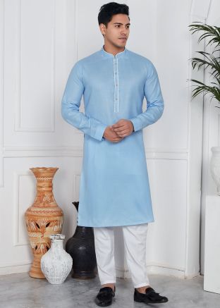 Readymade Plain Art Silk Mens Kurta Pajama In Light blue