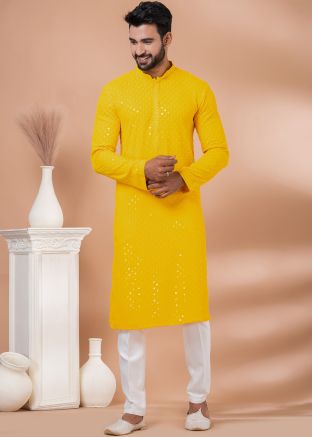 Yellow Readymade Embellished Mens Kurta Pajama In Viscose