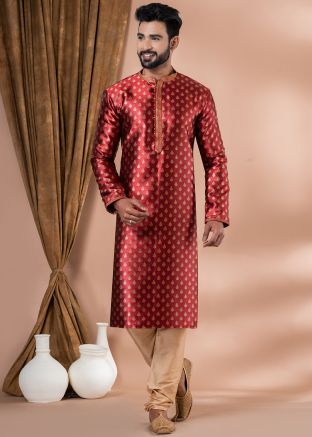 Red Zari Woven Kurta Pajama In Jacquard