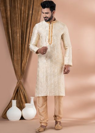 Cream Woven Kurta Pajama In Jacquard