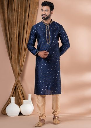 Blue Woven Kurta Pajama In Banarasi Silk
