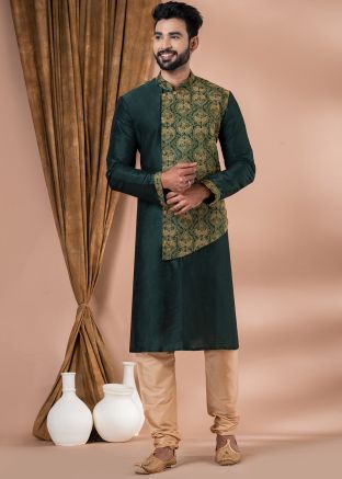Green Embroidered Kurta Pajama In Banarasi Silk