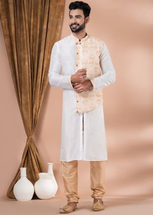 White Embroidered Kurta Pajama In Banarasi Silk