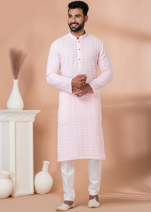 Pink Embroidered Kurta Pajama In Georgette