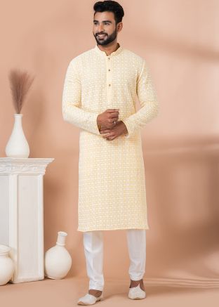 Yellow Embroidered Kurta Pajama In Georgette