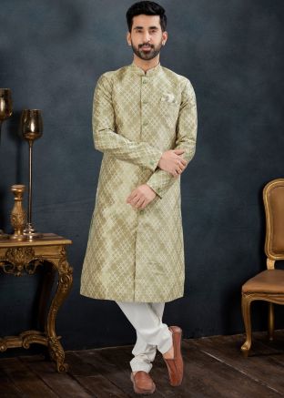 Green Woven Indo Western Sherwani
