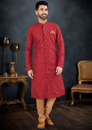 Red Woven Indo Western Sherwani