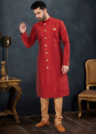 Red Woven Indo Western Sherwani