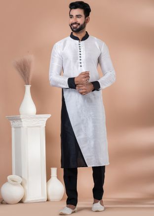 White & Black Readymade Mens Kurta Pajama In Dupion Silk