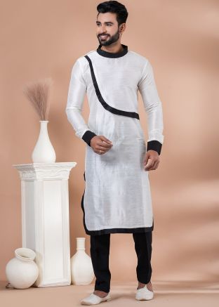 White Readymade Mens Kurta Pajama In Dupion Silk