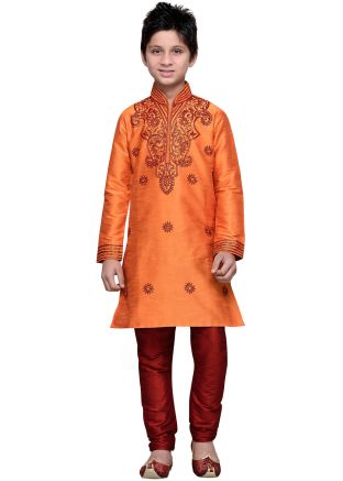 Readymade Orange Art Silk Kids Kurta Pajama