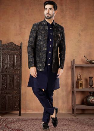 Blue Readymade Mens Silk Indowestern Sherwani & Jacket