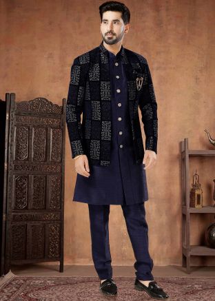 Blue Readymade Mens Indowestern Sherwani & Jacket In Silk