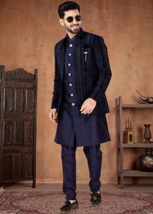 Blue Readymade Mens Silk Indowestern Jacket & Sherwani