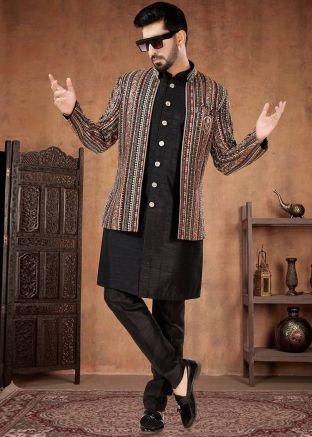 Black Readymade Mens Silk Indowestern Sherwani & Jacket