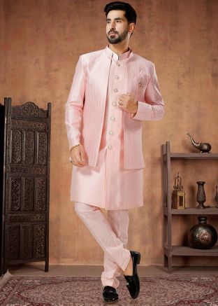 Light Pink Readymade Mens Silk Sherwani & Jacket In Indowestern