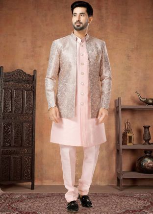 Light Pink Readymade Mens Silk Indowestern Jacket & Sherwani