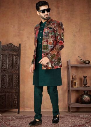Green Readymade Mens Indowestern Sherwani & Jacket In Silk