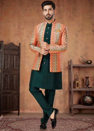 Green Readymade Mens Silk Sherwani & Jacket In Indowestern