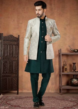 Green Readymade Mens Indowestern Silk Jacket & Sherwani