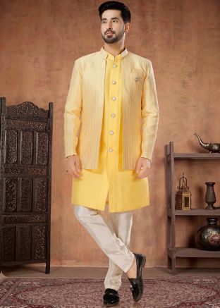Readymade Mens Indowestern Silk Jacket & Sherwani In Yellow