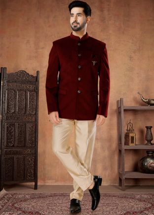 Maroon Palin Velvet Readymade Bandhgala Jodhpuri Suit